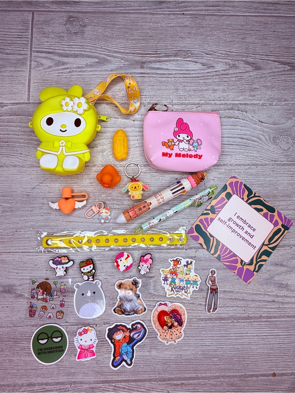 My melody Sanrio purse bundle pen stickers , keychain , croc charm bracelet duck